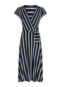 Striped wrap dress in black, blue, and yellow. Features short sleeves, a tie belt at the waist, and a flowing cut. Soft, smooth fabric.