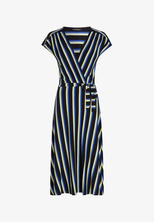 Gestreiftes Wickelkleid in Schwarz, Blau und Gelb. Verfügt über kurze Ärmel, einen Bindegürtel in der Taille und einen fließenden Schnitt. Weicher, glatter Stoff.