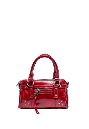 Small shiny red handbag with dual handles, front zipper pocket, and decorative metal studs on smooth leather surface.