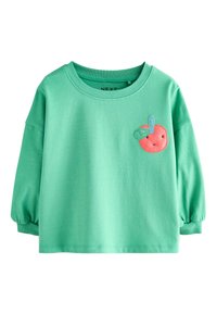 Sudadera verde claro de algodón con cuello redondo, mangas largas abullonadas y una manzana de dibujos animados bordada en el frente.