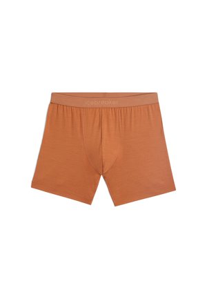 Brune boksertrusser lavet af blødt stof, med en logo elastik i taljen, designet med en glat tekstur og en frontlomme.