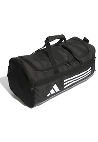 Bolso de viaje negro con doble asa, cierre de cremallera y detalles de malla. Presenta un diseño destacado de rayas blancas y un logotipo. Tela duradera.