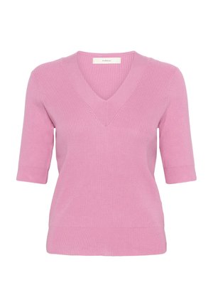 Rosa kurzärmliger V-Ausschnitt-Pullover aus geripptem Stoff, mit taillierter Passform und glatter Textur, versehen mit einem dezenten Markenetikett am Saum.