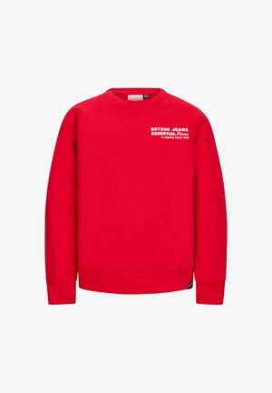 Rode sweatshirt met ribbelboorden en -zoom, ronde halslijn en bedrukte witte tekst op de voorkant. Zacht materiaal, casual ontwerp.