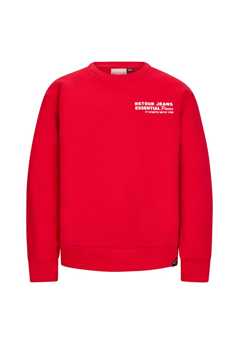 Czerwona bluza z rękawami i dołem wykończonym ściągaczem, okrągłym dekoltem i nadrukowanym białym tekstem z przodu. Miękka tkanina, casualowy design.