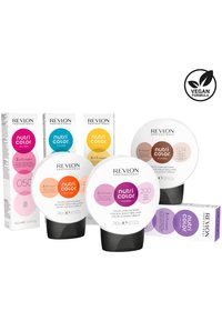 Le set de soins capillaires Revlon Nutri Color Filters comprend cinq produits de crème colorée de tailles variées, avec un emballage vibrant et un symbole végan.