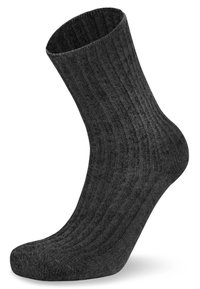Grau gerippte Socke mit weicher Textur, Knöchelhöhe und verstärkter Zehenpartie. Entwickelt für Komfort und Wärme, mit einem klassischen Muster.