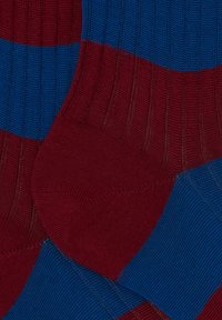 Calzini a righe rosse e blu con texture a costine, caratterizzati da bande orizzontali audaci e un tessuto morbido e traspirante.