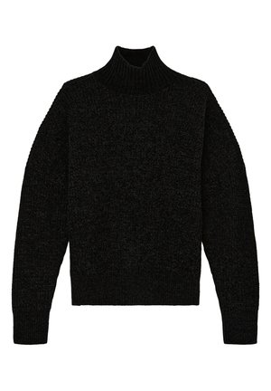 Pull à col roulé noir avec un motif tricoté texturé, doté de manches longues et d'une coupe décontractée. Le matériau semble doux et confortable.