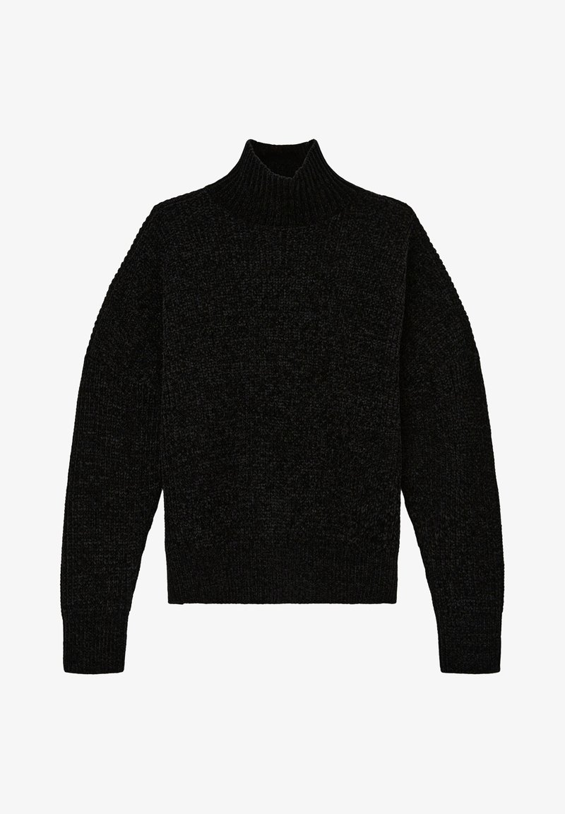 Pull à col roulé noir avec un motif tricoté texturé, doté de manches longues et d'une coupe décontractée. Le matériau semble doux et confortable.
