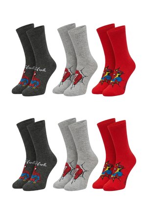 Six pairs of crew socks in black, gray, and red with Spider-Man designs, including character images and web patterns.