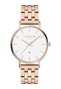 Ronde zilveren horloge met een witte wijzerplaat, rosé gouden uurmarkeringen en een schakelarmband van roségoud. Beschikt over een datvenster.