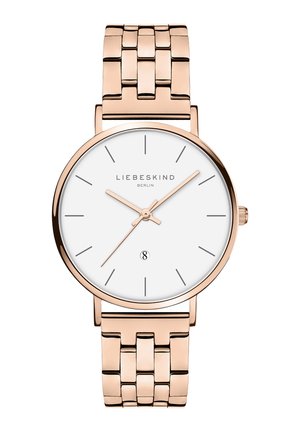 Runde silberne Armbanduhr mit weißem Zifferblatt, roségoldenen Stundenmarkierungen und einem verlinkten Armbanduhrarmband aus roségoldenem Metall. Verfügt über ein Datumsfenster.