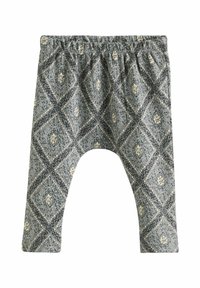 Legginsy w wzory z miękkim, elastycznym pasem. Materiał ma szary bazowy kolor z diamentowym wzorem i kremowymi oraz niebieskimi akcentami kwiatowymi.