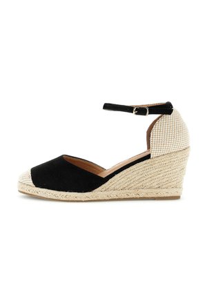 Espadrille compensée noire et beige avec semelle en jute tissé, bride de cheville à boucle, bout fermé et contrefort texturé.