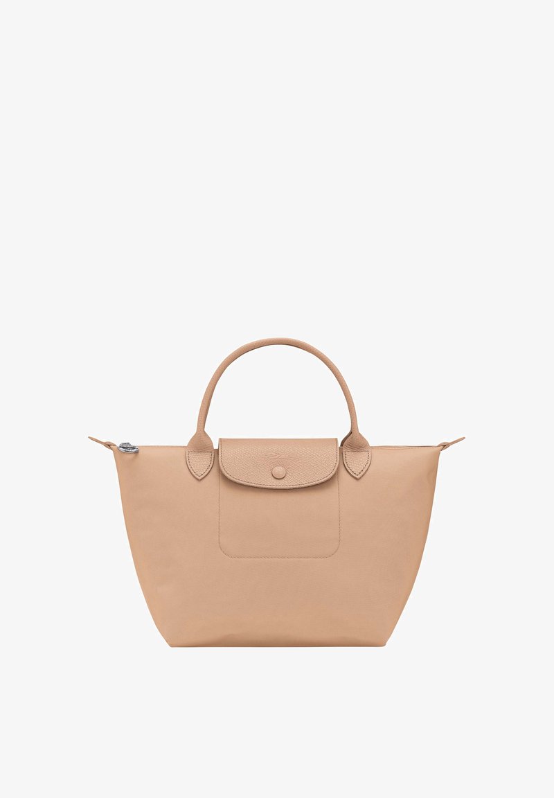 Beige tote bag with rounded handles, a front flap pocket with button closure, and a zipper on top against a white background.