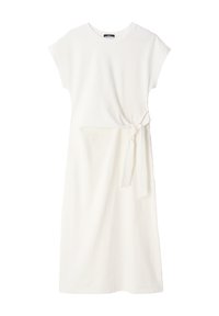 Biała sukienka do kolan wykonana z miękkiego materiału, z luźnym krojem, krótkimi rękawami i detalem wiązania na przodzie w talii.