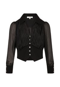 Blusa nera corta con maniche trasparenti plissettate, corpo sagomato e chiusura a bottone con dettagli argentati lucidi. Design del colletto strutturato.