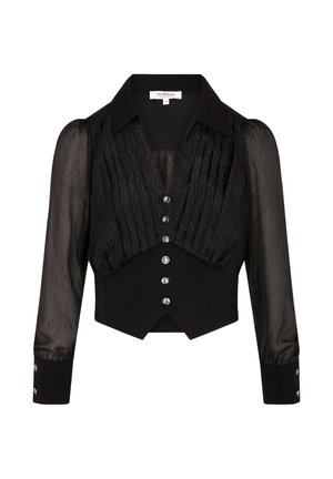 Blouse noire courte avec des manches transparentes plissées, un corps cintré et une fermeture à boutons avec des accents en argent brillant. Design de col structuré.