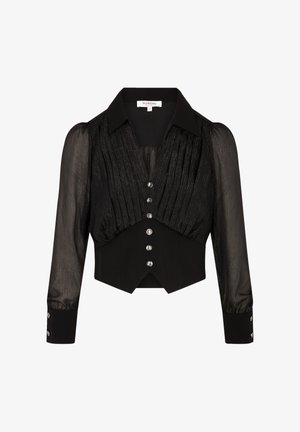 Blusa negra corta con mangas transparentes plizadas, cuerpo entallado y cierre de botones con acentos plateados brillantes. Diseño de cuello estructurado.