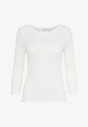 Balts garais piedurkņu tops, kas izgatavots no teksturēta auduma ar viļņveidīgu rakstu, ar apaļu kakla izgriezumu un viļņainu apakšmalu.