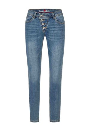 Blaue Slim-Fit-Jeans aus Denim mit hoher Taille, vier sichtbaren vorderen Knöpfen und Vordertaschen, dargestellt auf weißem Hintergrund.