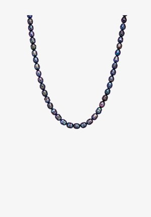 Collier en perles noir et violet composé de perles rondes et ovales avec une texture lisse et brillante, de tailles variées, disposées en un fil continu.