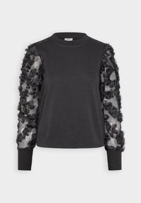 Sudadera gris oscuro con una parte delantera sólida y mangas largas de malla transparente adornadas con aplicaciones florales texturizadas. Puños acanalados y cuello redondo.