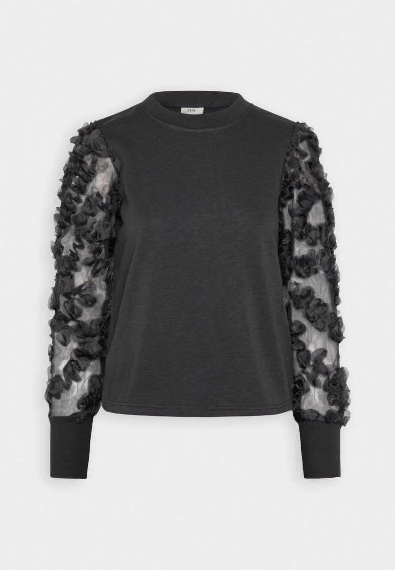 Dark gray sweatshirt with solid front and sheer mesh long sleeves adorned with textured floral appliqués. Ribbed cuffs and round neckline.