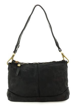 Borsa a tracolla in pelle nera con un unico scomparto con cerniera e dettagli in metallo color oro sulle applicazioni della tracolla.