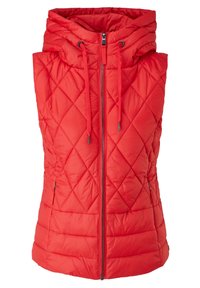 Gilet sans manches matelassé rouge avec capuche, doté d'une fermeture éclair à l'avant et de cordons de serrage. Le tissu semble lisse et isolé.