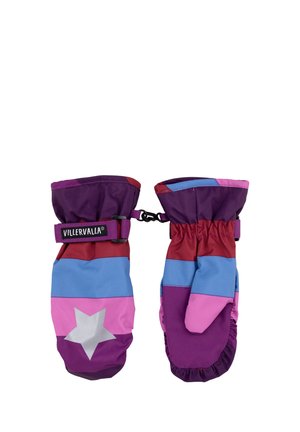 Kolorowe rękawiczki z połączeniem fioletowych, różowych i niebieskich paneli, z gwiazdką po jednej stronie i elastycznymi mankietami zapewniającymi pewne dopasowanie.