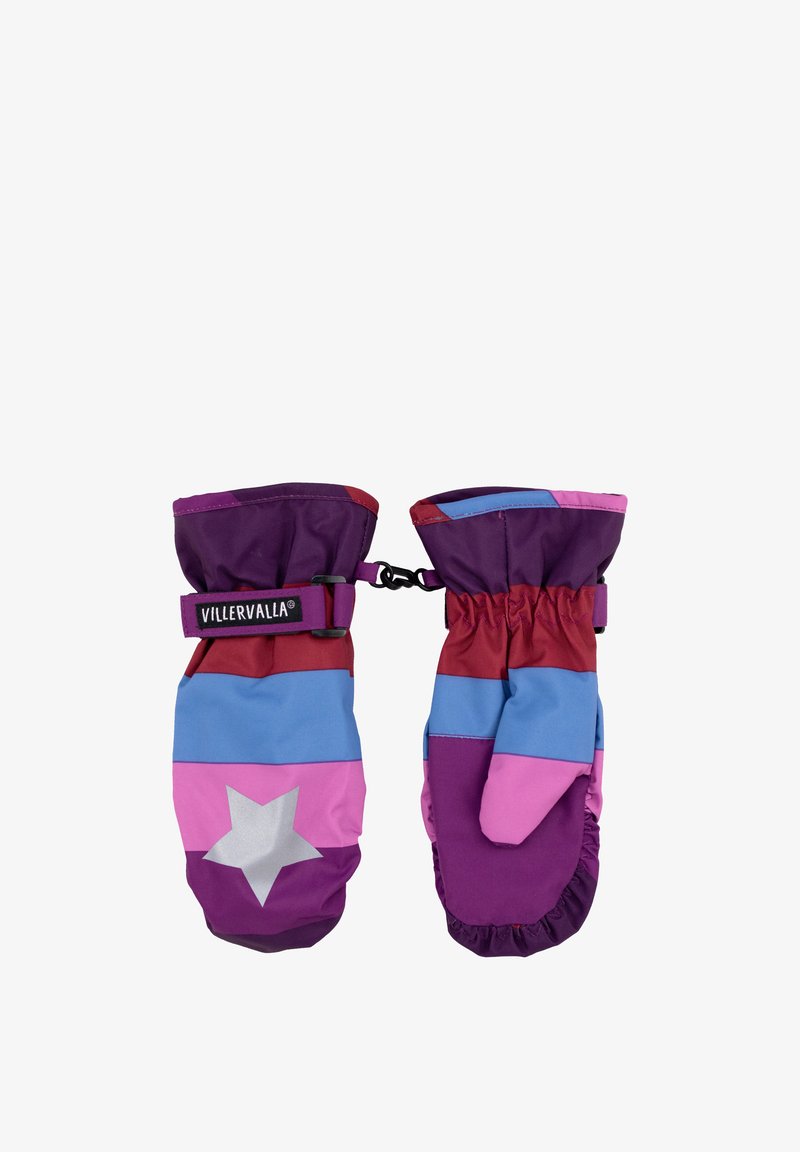 Kleurrijke wanten met een mix van paarse, roze en blauwe panelen, een sterdetail aan één kant en elastische manchetten voor een stevige pasvorm.