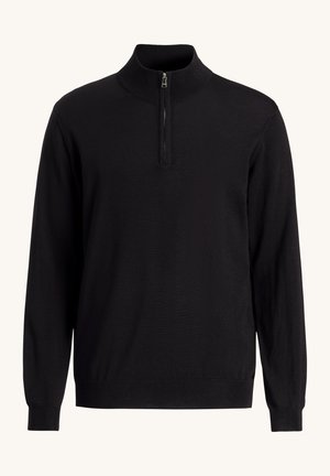 Pullover nero a maniche lunghe con colletto alto e chiusura a zip a quarti. Realizzato in tessuto morbido con polsini e orlo a coste. Design semplice.