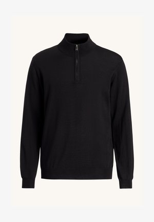 Pullover nero a maniche lunghe con colletto alto e chiusura a zip a quarti. Realizzato in tessuto morbido con polsini e orlo a coste. Design semplice.
