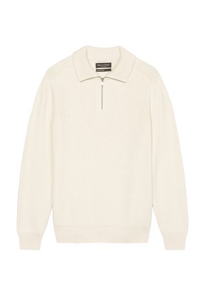 Cremfarbener Strickpullover mit einem Halbreißverschluss-Kragen, gerippten Bündchen und Saum. Verfügt über ein strukturiertes Muster im gesamten Kleidungsstück.