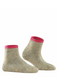 Kniestrümpfe in Tan mit einem rosa gerippten Bündchen. Hergestellt aus strukturiertem Strickmaterial, das dezente Farbvariationen aufweist.