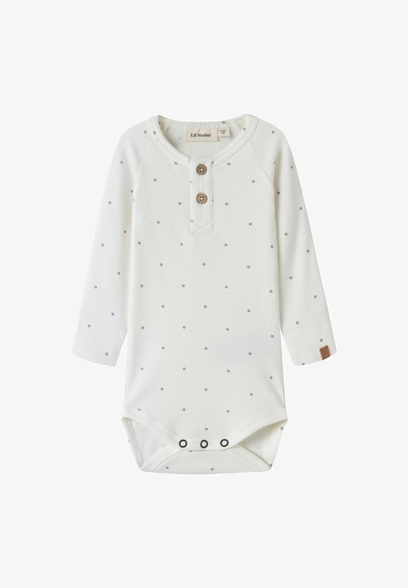 Body bébé blanc côtelé à manches longues avec petits pois gris, deux boutons en bois au col et trois pressions à l’entrejambe.