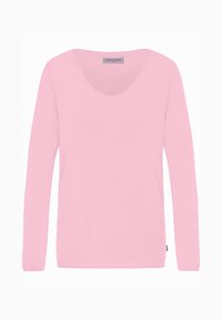 Lichtroze langemouwen T-shirt van zachte stof, met een ronde halslijn en een rechte snit, voorzien van een label aan de onderzijde.