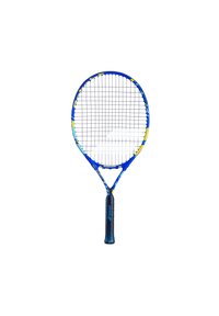 Tennisschläger mit blauem Rahmen, gelben und türkisfarbenen Akzenten sowie einem strukturierten schwarzen Griff. Hat ein Gittermuster aus Saiten.