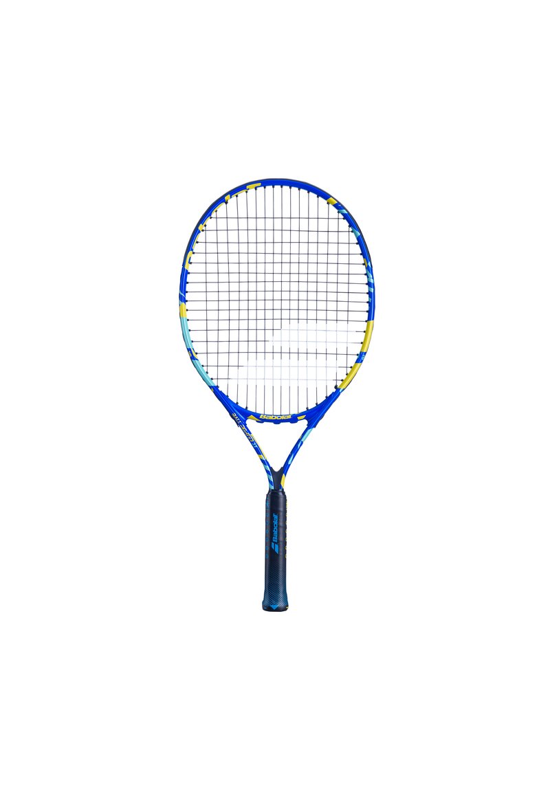 Tennisschläger mit blauem Rahmen, gelben und türkisfarbenen Akzenten sowie einem strukturierten schwarzen Griff. Hat ein Gittermuster aus Saiten.
