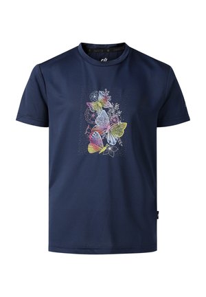 Granatowy t-shirt z krótkim rękawem z kolorowym motylem i kwiatowym wzorem na środku przodu.