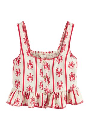 Leinen-Crop-Top mit rotem Hummerdruck auf cremefarbenem Hintergrund, mit einem Rüschenabschluss, quadratischem Ausschnitt und Knopfleiste vorne.