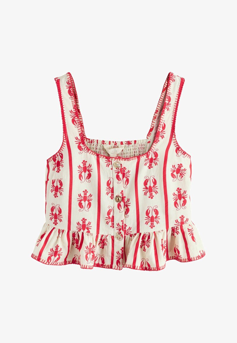 Lněný crop top s potiskem červených humrů na krémovém pozadí, se zdobeným lemem, hranatým výstřihem a zapínáním na knoflíky vpředu.
