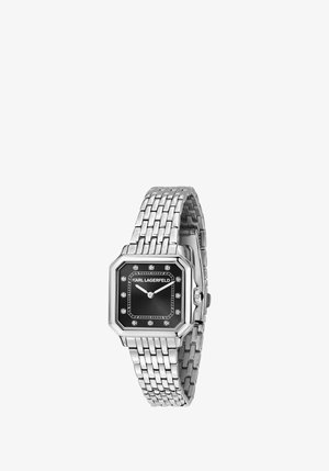 Montre bracelet en métal argenté avec un cadran octogonal noir, des index heures en cristal et la marque "KARL LAGERFELD" sur le cadran.