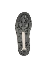 Semelle de chaussure en caoutchouc noir avec un motif de semelle texturé et multidirectionnel. Présente un accent central blanc avec des détails de marque.