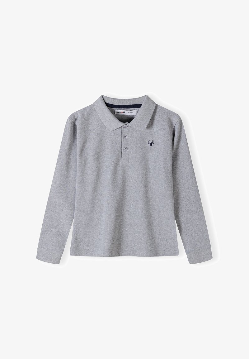 Hellgraues Poloshirt mit langen Ärmeln, einer Knopfleiste mit zwei Knöpfen und einem kleinen dunkelgrauen Hirschkopf-Logo auf der linken Brust.