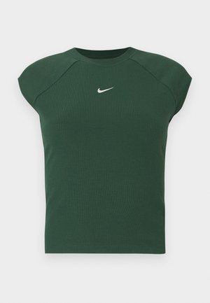 Sötétzöld, bordázott, rövidujjú sportpóló, kerek nyakkivágással, az mellkason egy kis fehér Nike pipa logóval.