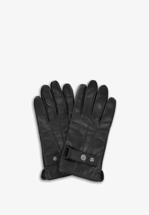 Czarne skórzane rękawiczki o gładkiej fakturze, z dopasowanym krojem, bocznymi akcentami i zapięciem z detalem w postaci guzika.