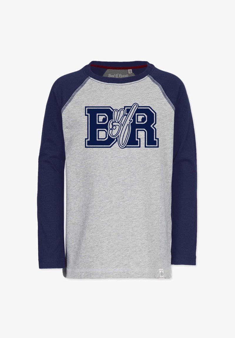 Langarm-T-Shirt in Grau mit maritimen Raglanärmeln. Es verfügt über ein großes maritimes Grafikdesign "B&R" auf der Vorderseite und einen roten Innenkragen. Aus Baumwollmaterial.